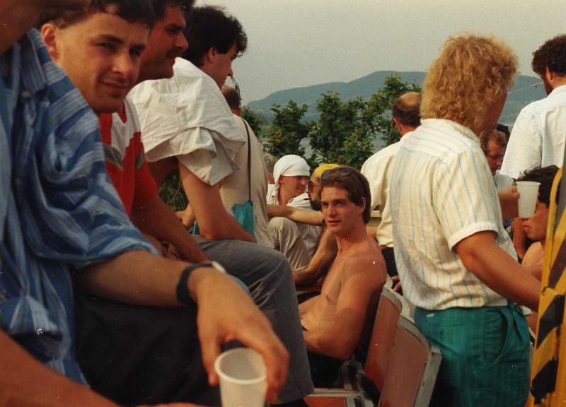 Boat Trip Lake Balaton 1989.jpg -  Karl Howarth (towel on shoulder), Martin Cryan (towel on head), Sergio Corti (yellow), Richard Pitts (centre), Danny (Belgoprocess, blond). 